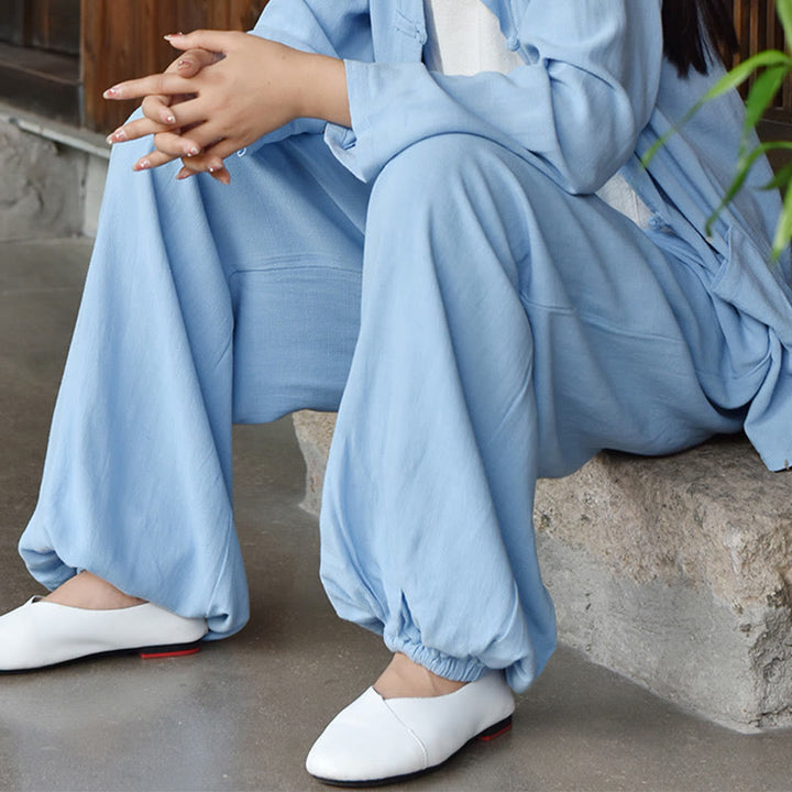 Spodnie lniane damskie z kieszeniami Buddha Stones Casual Plain Loose - image 5