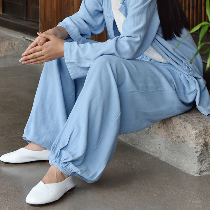 Spodnie lniane damskie z kieszeniami Buddha Stones Casual Plain Loose