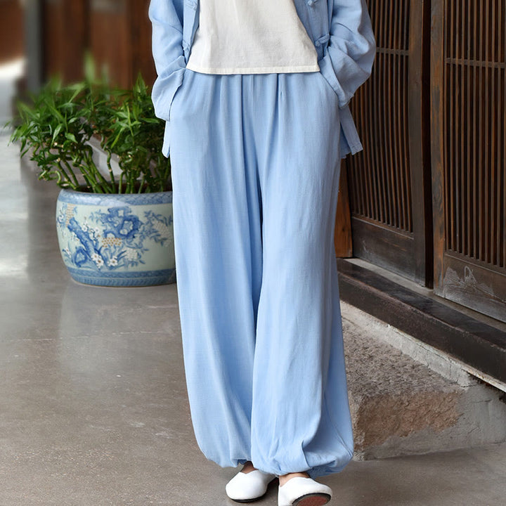 Spodnie lniane damskie z kieszeniami Buddha Stones Casual Plain Loose - LightSkyBlue - US6, UK/AU10, EU38 (L) - image 0
