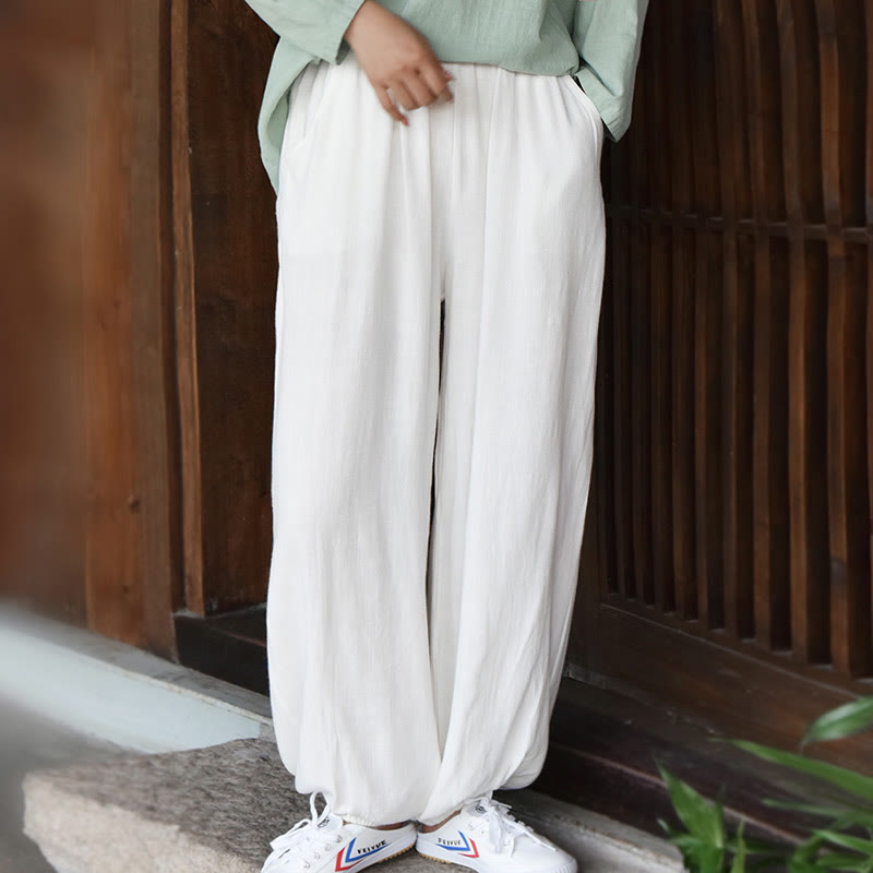 Spodnie lniane damskie z kieszeniami Buddha Stones Casual Plain Loose