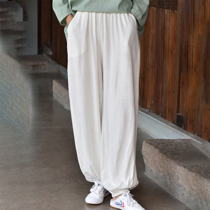 Spodnie lniane damskie z kieszeniami Buddha Stones Casual Plain Loose - Biały - US6, UK/AU10, EU38 (L) - image 8