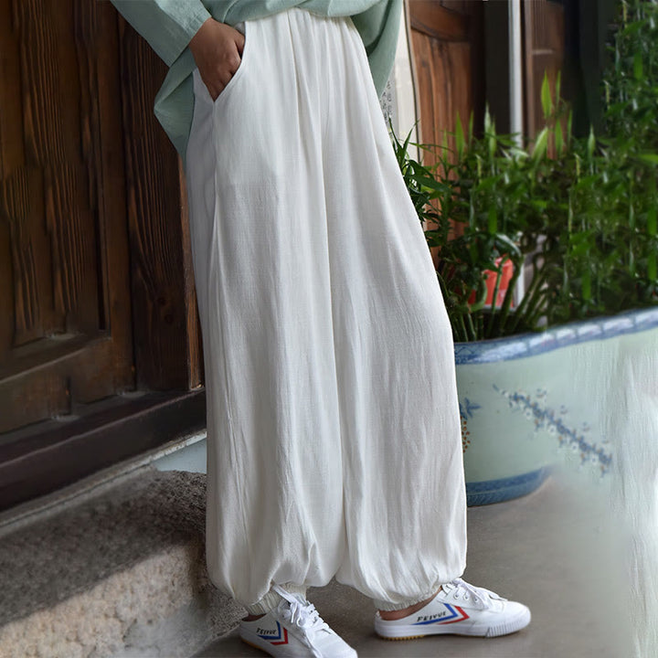 Spodnie lniane damskie z kieszeniami Buddha Stones Casual Plain Loose