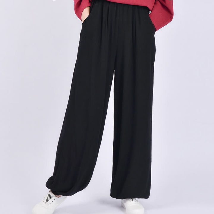Spodnie lniane damskie z kieszeniami Buddha Stones Casual Plain Loose - Czarny - US6, UK/AU10, EU38 (L) - image 12