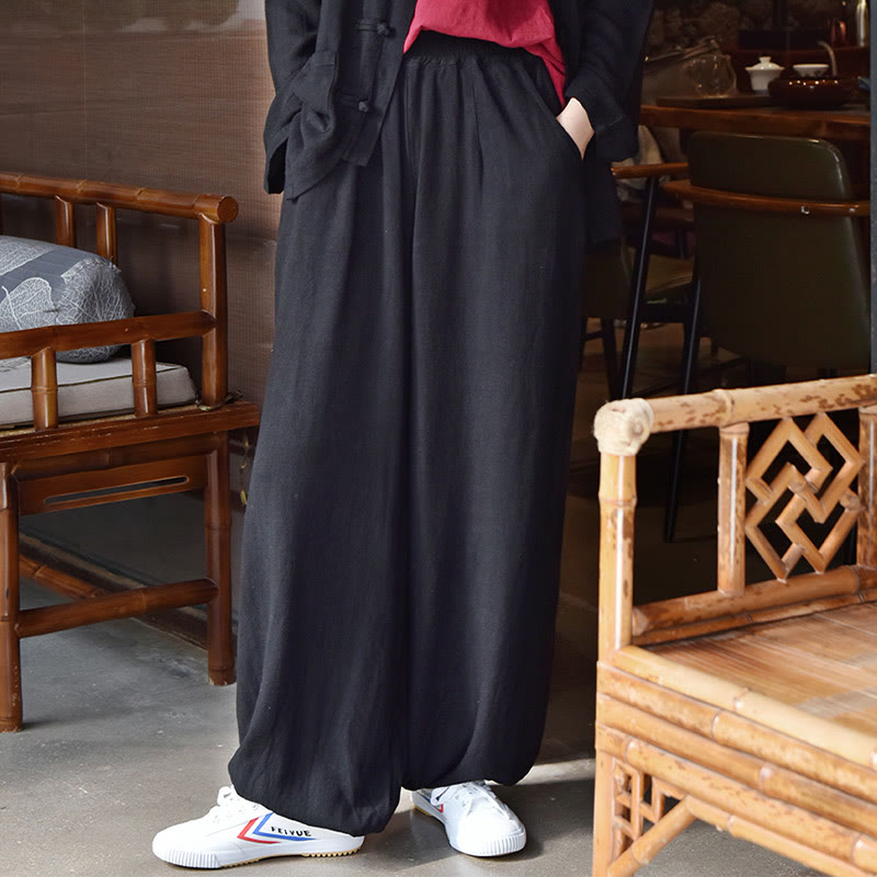 Spodnie lniane damskie z kieszeniami Buddha Stones Casual Plain Loose