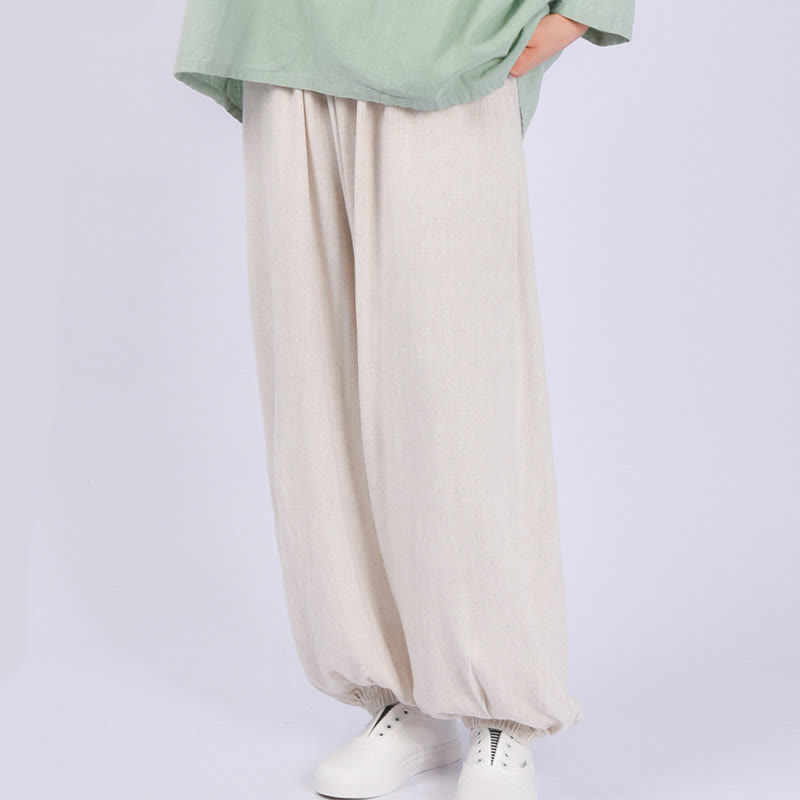 Spodnie lniane damskie z kieszeniami Buddha Stones Casual Plain Loose - FloralWhite - US6, UK/AU10, EU38 (L) - image 16