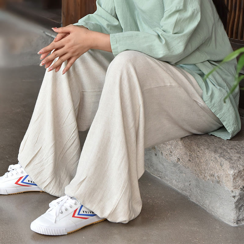 Spodnie lniane damskie z kieszeniami Buddha Stones Casual Plain Loose