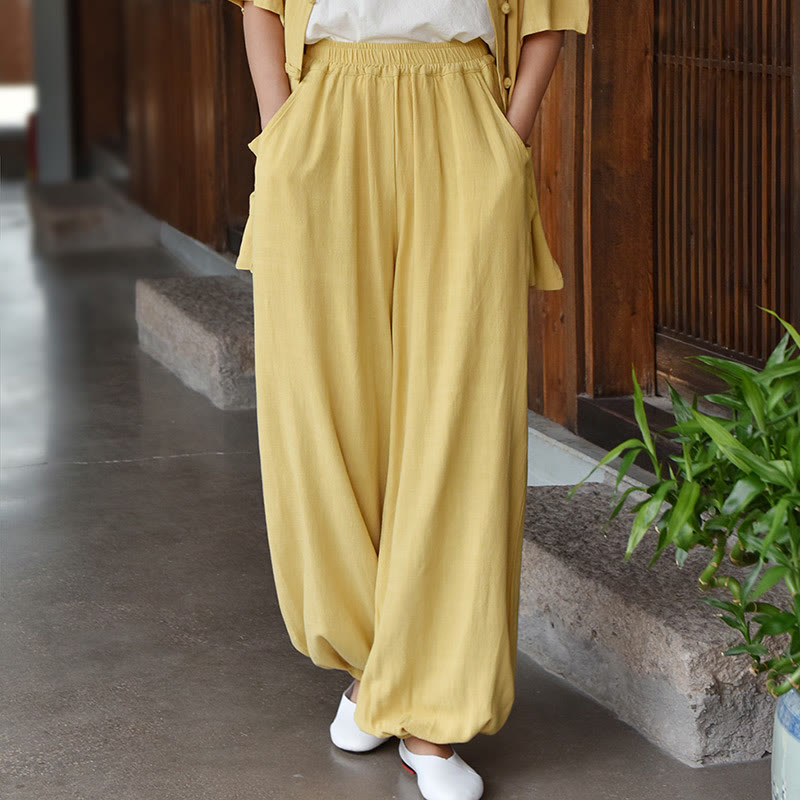 Spodnie lniane damskie z kieszeniami Buddha Stones Casual Plain Loose