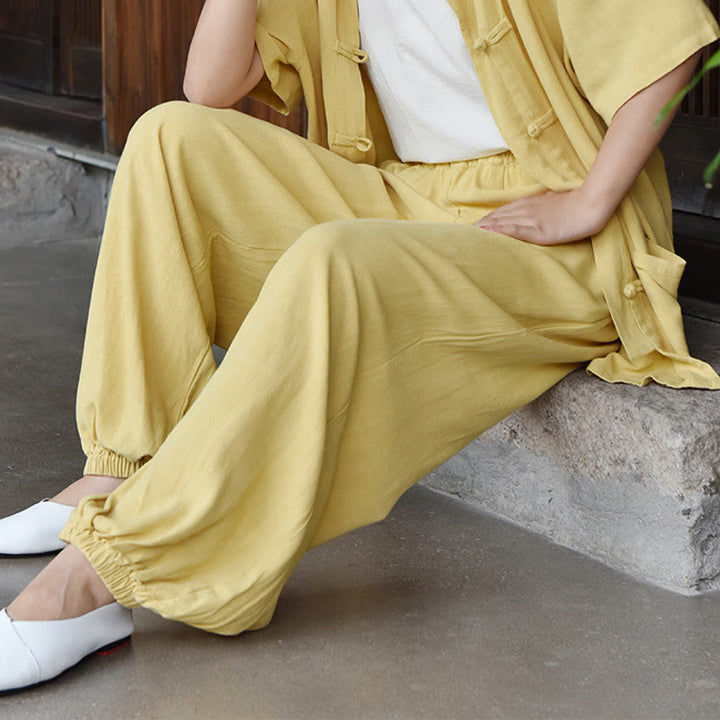 Spodnie lniane damskie z kieszeniami Buddha Stones Casual Plain Loose
