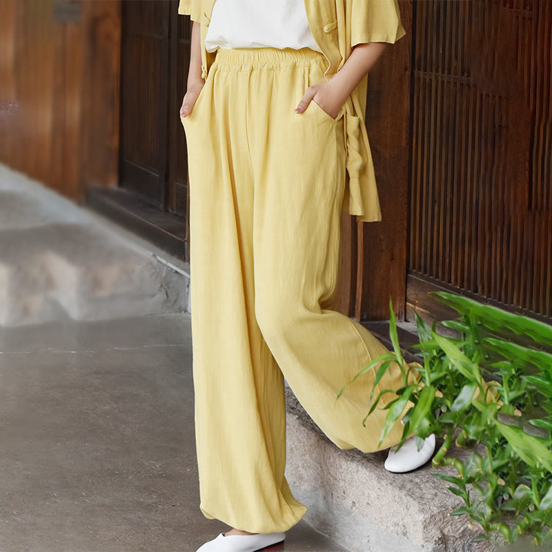 Spodnie lniane damskie z kieszeniami Buddha Stones Casual Plain Loose