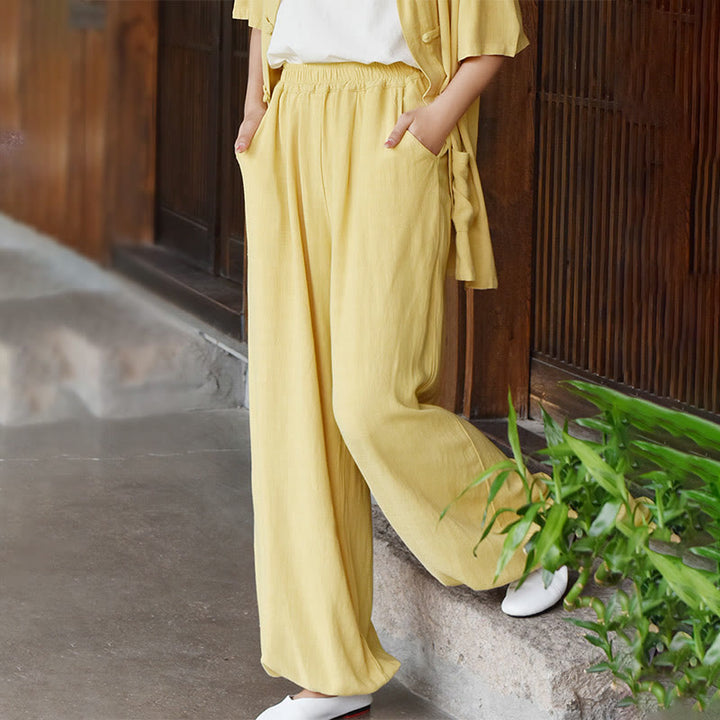 Spodnie lniane damskie z kieszeniami Buddha Stones Casual Plain Loose