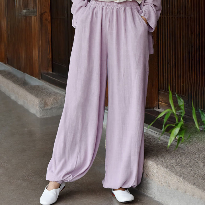Spodnie lniane damskie z kieszeniami Buddha Stones Casual Plain Loose - Śliwka - US6, UK/AU10, EU38 (L) - image 25