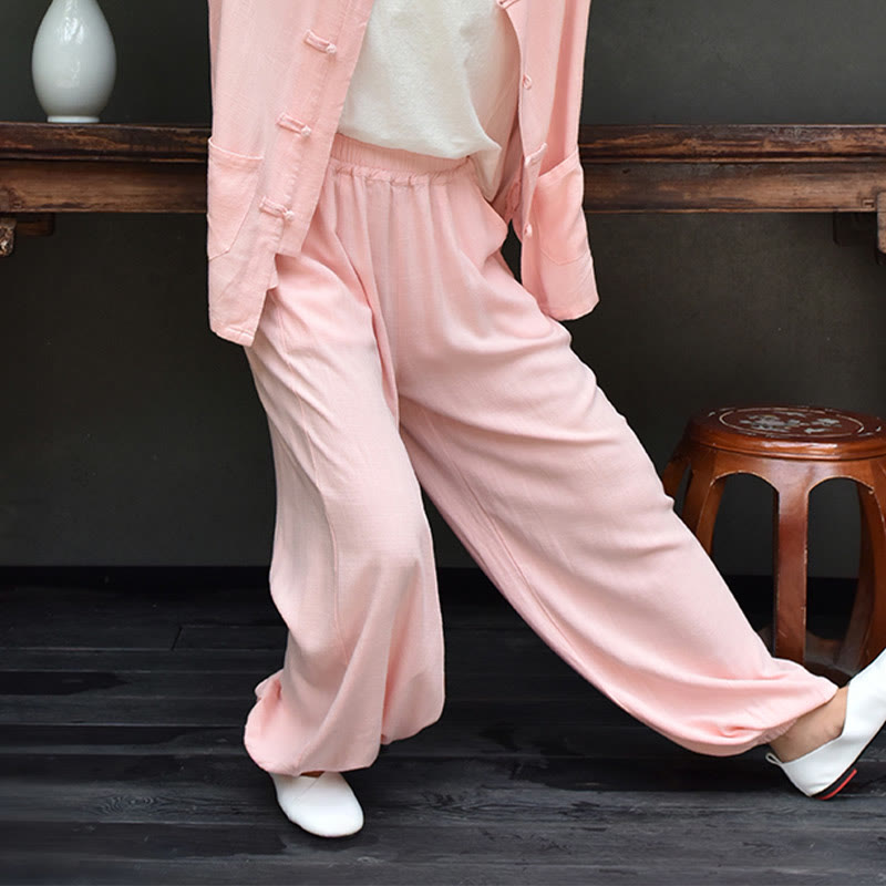 Spodnie lniane damskie z kieszeniami Buddha Stones Casual Plain Loose