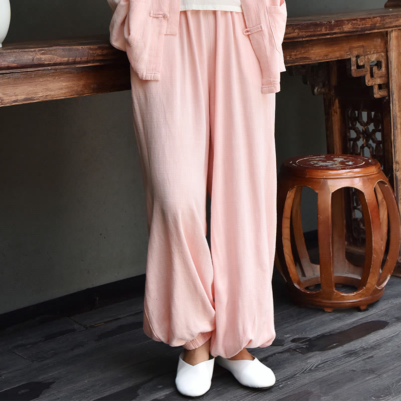 Spodnie lniane damskie z kieszeniami Buddha Stones Casual Plain Loose