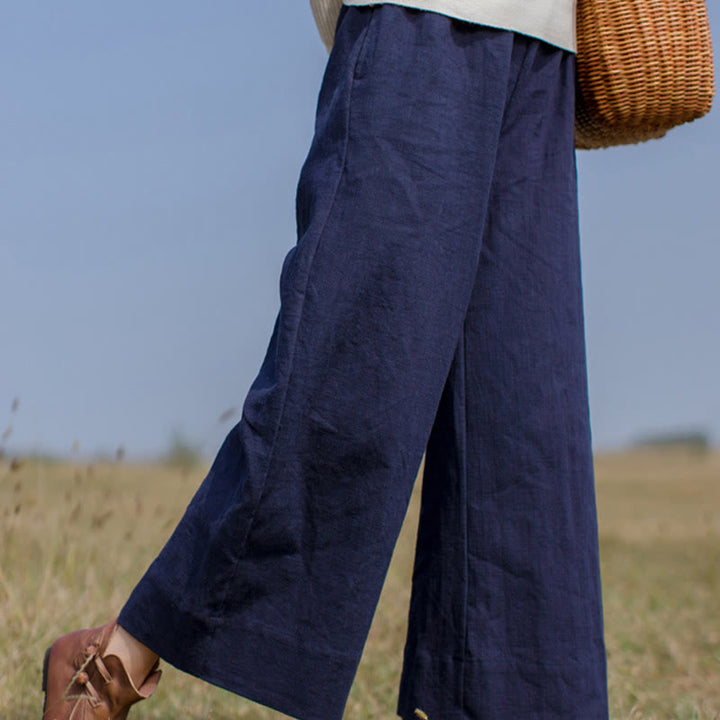 Spodnie damskie z szerokimi nogawkami i kieszeniami Buddha Stones Casual Plain Loose Ramie