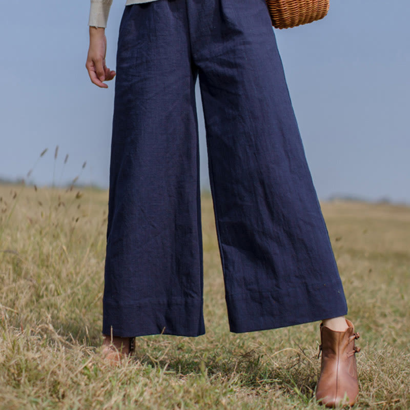 Spodnie damskie z szerokimi nogawkami i kieszeniami Buddha Stones Casual Plain Loose Ramie