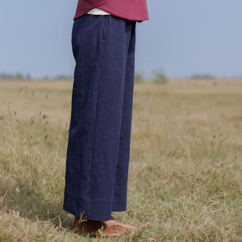 Spodnie damskie z szerokimi nogawkami i kieszeniami Buddha Stones Casual Plain Loose Ramie
