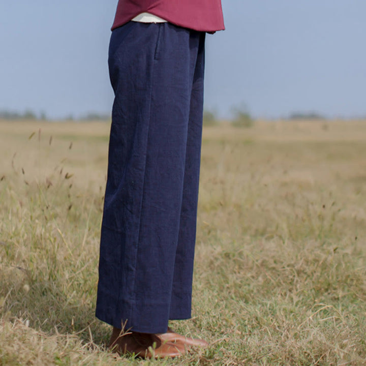 Spodnie damskie z szerokimi nogawkami i kieszeniami Buddha Stones Casual Plain Loose Ramie