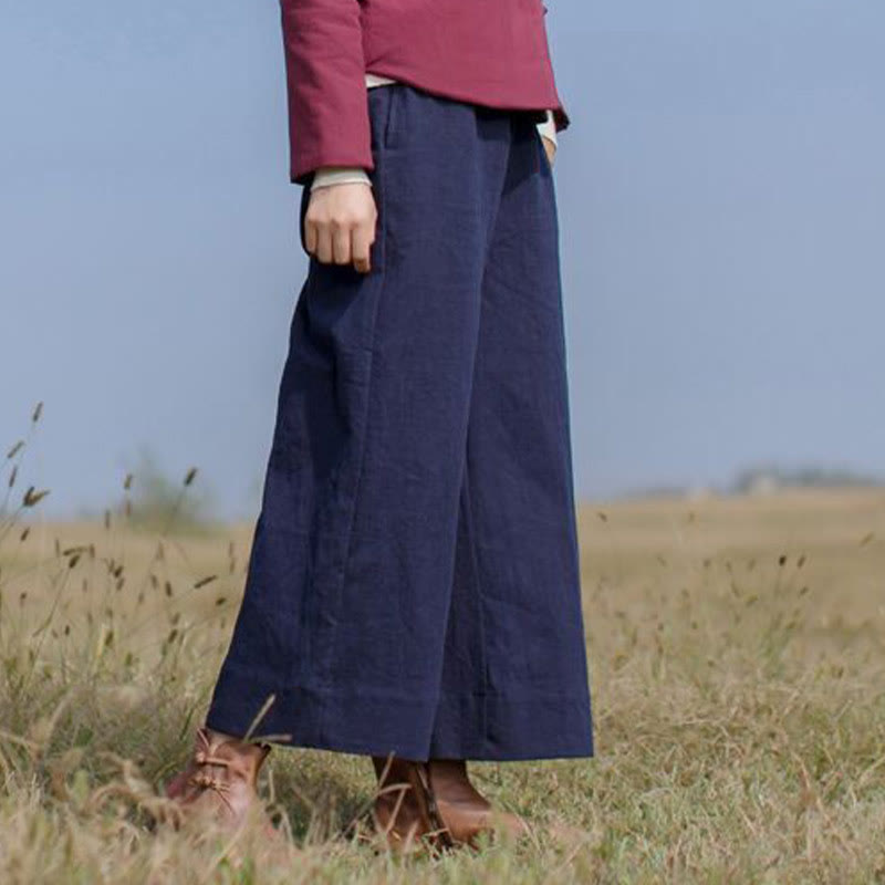 Spodnie damskie z szerokimi nogawkami i kieszeniami Buddha Stones Casual Plain Loose Ramie