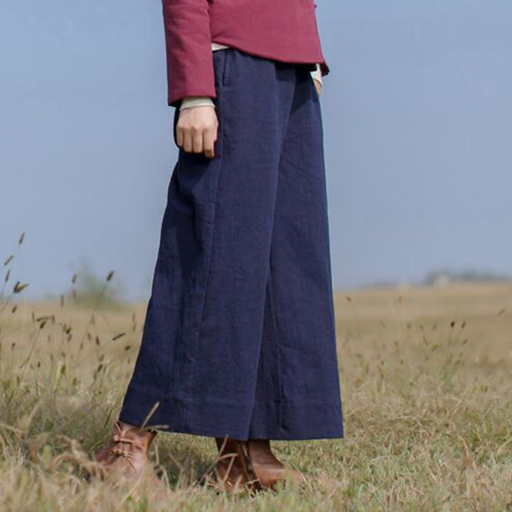 Spodnie damskie z szerokimi nogawkami i kieszeniami Buddha Stones Casual Plain Loose Ramie