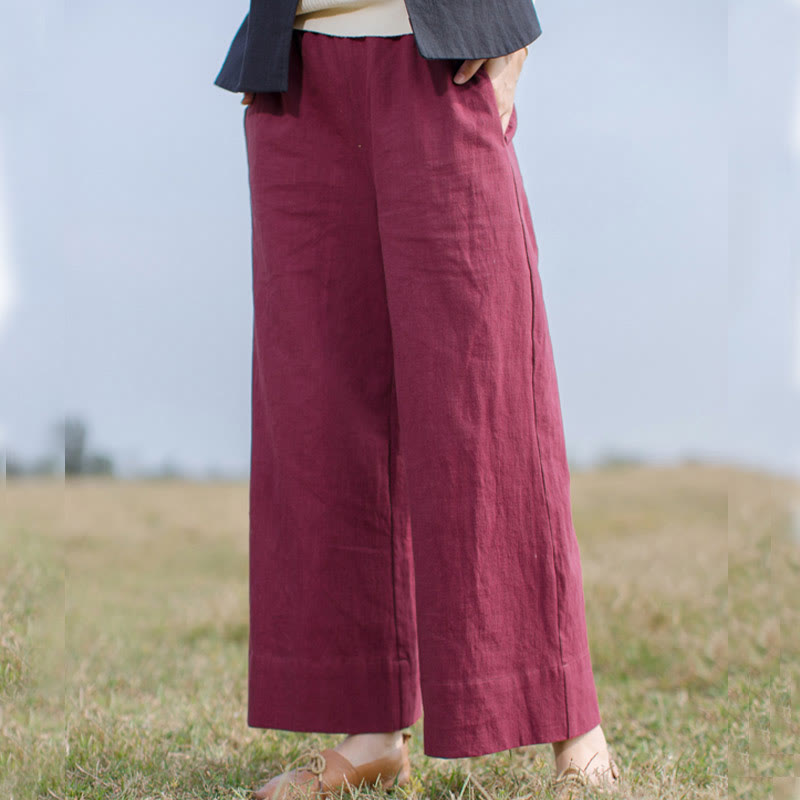 Spodnie damskie z szerokimi nogawkami i kieszeniami Buddha Stones Casual Plain Loose Ramie