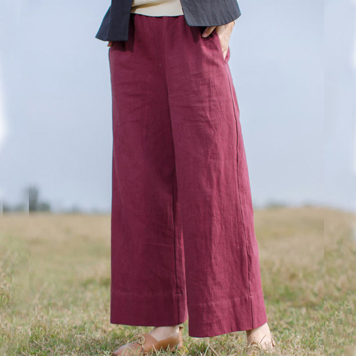 Spodnie damskie z szerokimi nogawkami i kieszeniami Buddha Stones Casual Plain Loose Ramie