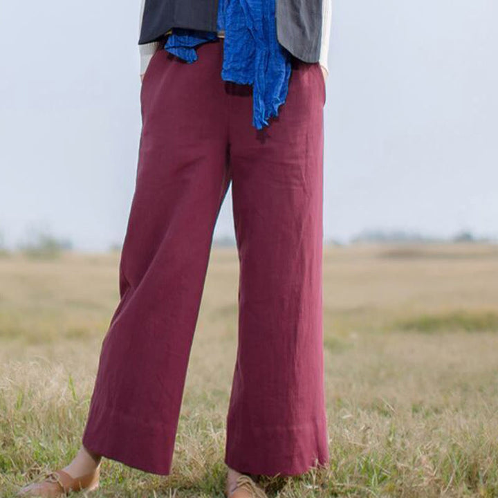 Spodnie damskie z szerokimi nogawkami i kieszeniami Buddha Stones Casual Plain Loose Ramie