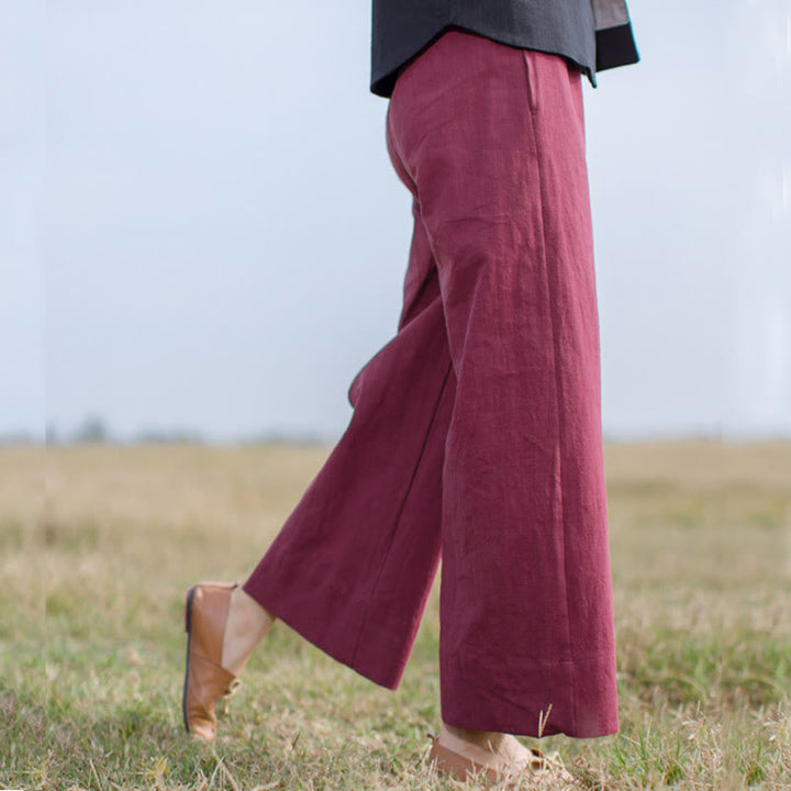 Spodnie damskie z szerokimi nogawkami i kieszeniami Buddha Stones Casual Plain Loose Ramie
