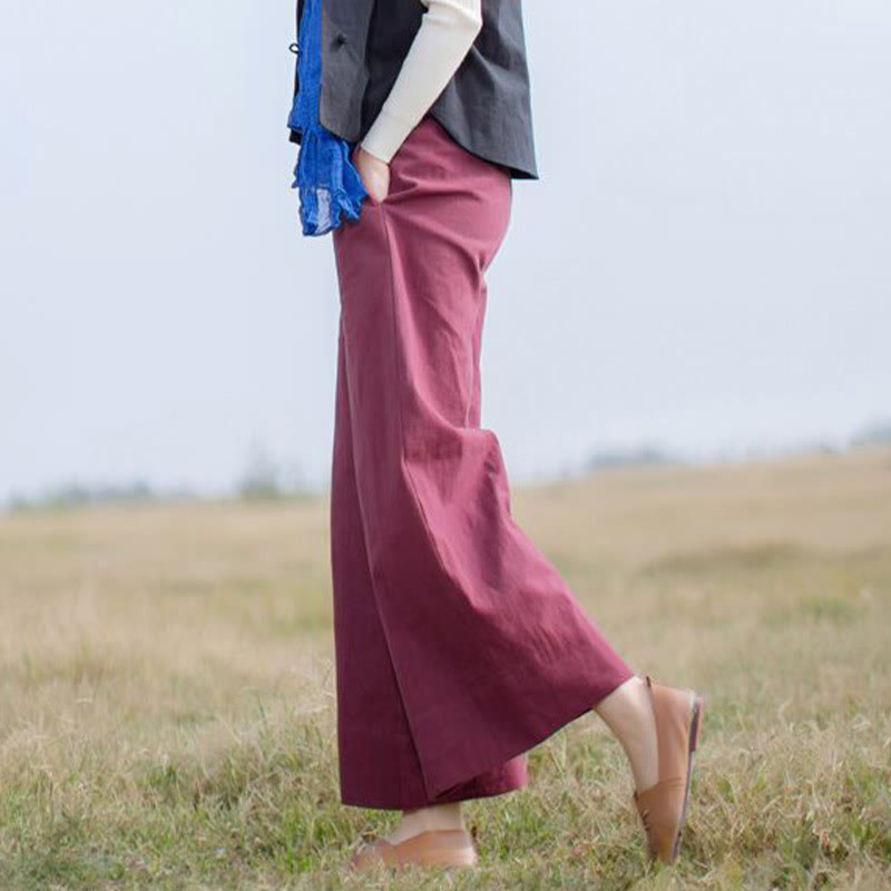 Spodnie damskie z szerokimi nogawkami i kieszeniami Buddha Stones Casual Plain Loose Ramie