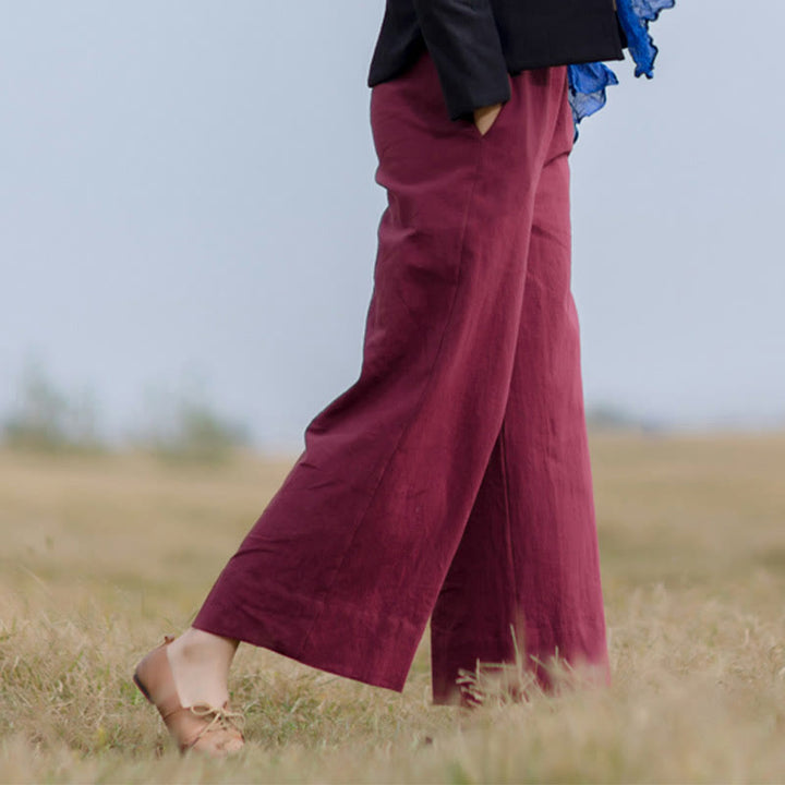 Spodnie damskie z szerokimi nogawkami i kieszeniami Buddha Stones Casual Plain Loose Ramie