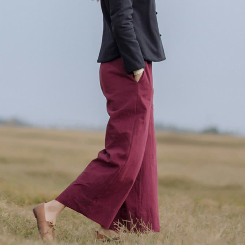 Spodnie damskie z szerokimi nogawkami i kieszeniami Buddha Stones Casual Plain Loose Ramie