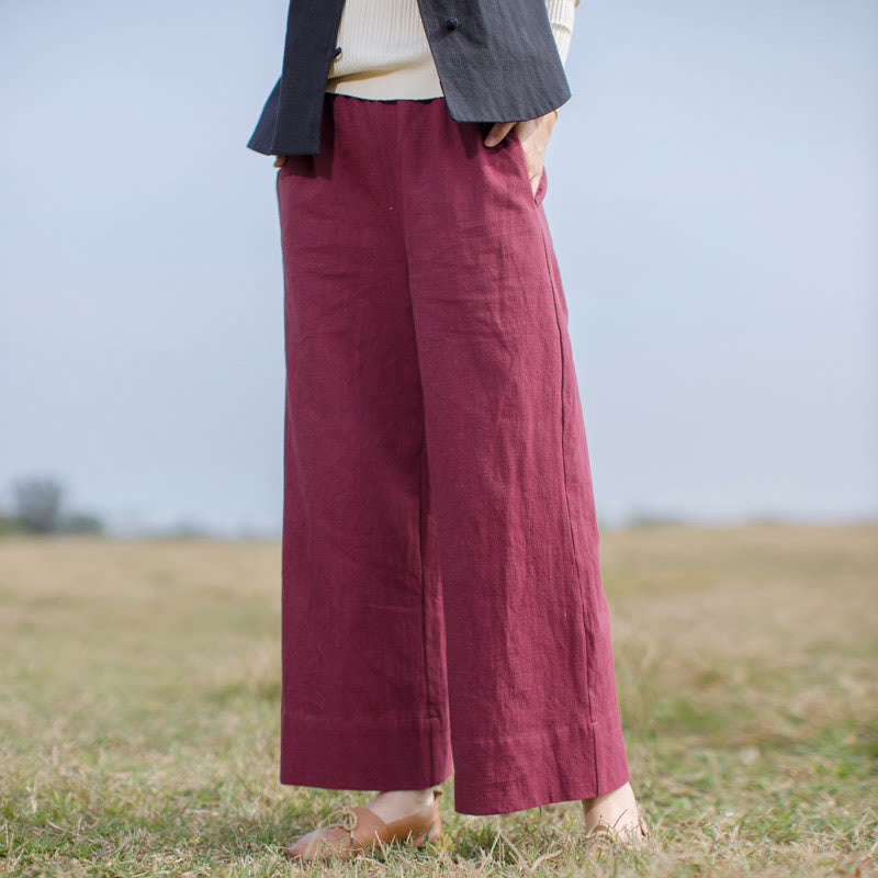 Spodnie damskie z szerokimi nogawkami i kieszeniami Buddha Stones Casual Plain Loose Ramie