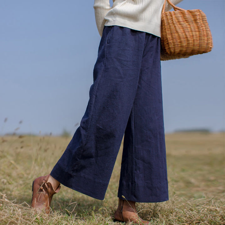 Spodnie damskie z szerokimi nogawkami i kieszeniami Buddha Stones Casual Plain Loose Ramie