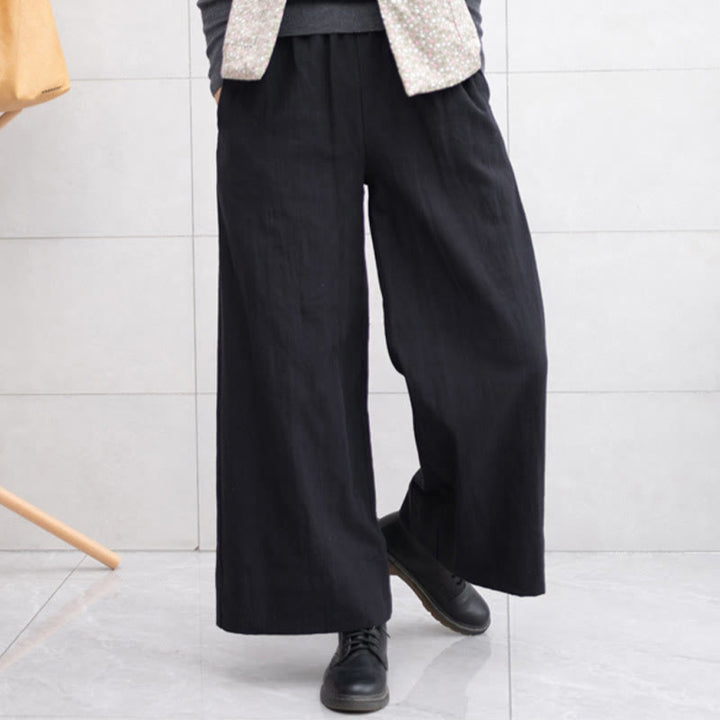 Spodnie damskie z szerokimi nogawkami i kieszeniami Buddha Stones Casual Plain Loose Ramie