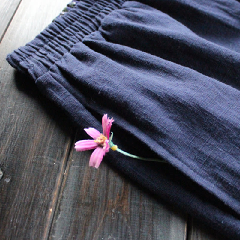 Spodnie damskie z szerokimi nogawkami i kieszeniami Buddha Stones Casual Plain Loose Ramie