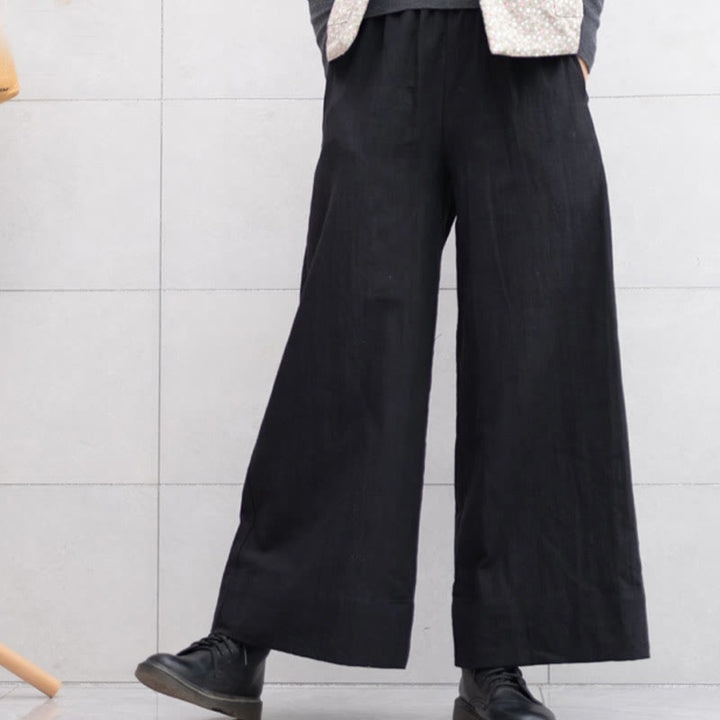 Spodnie damskie z szerokimi nogawkami i kieszeniami Buddha Stones Casual Plain Loose Ramie
