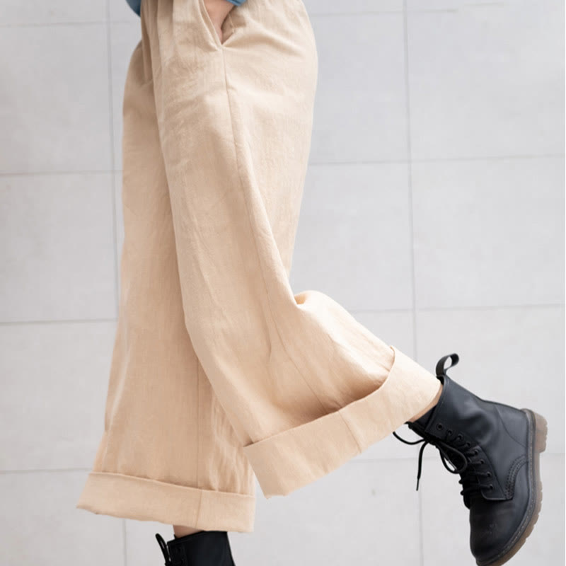 Spodnie damskie z szerokimi nogawkami i kieszeniami Buddha Stones Casual Plain Loose Ramie