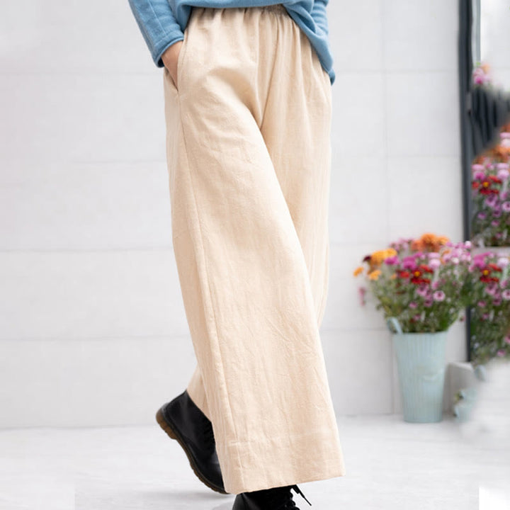 Spodnie damskie z szerokimi nogawkami i kieszeniami Buddha Stones Casual Plain Loose Ramie