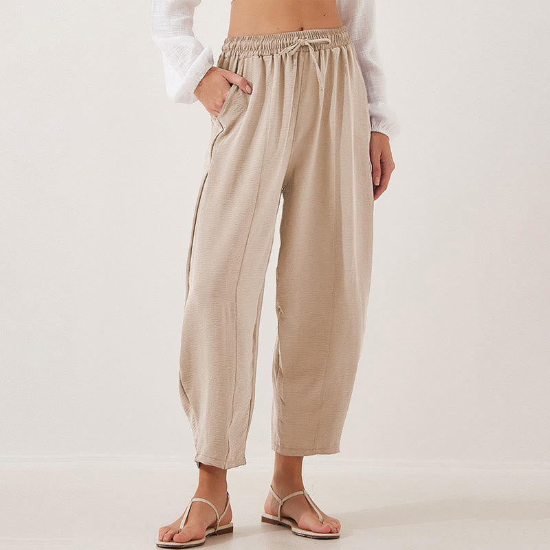 Spodnie damskie Buddha Stones Casual Plain Loose Drawstring z poliestru o długości 7/8 z kieszeniami