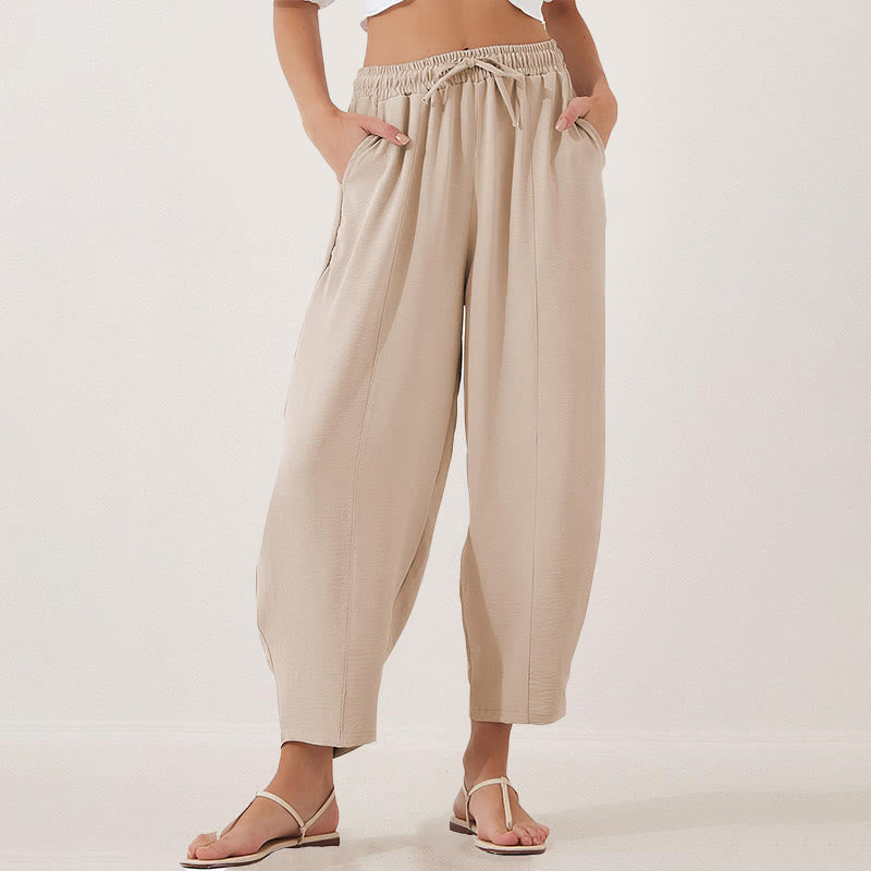 Spodnie damskie Buddha Stones Casual Plain Loose Drawstring z poliestru o długości 7/8 z kieszeniami - PapayaWhip - US16, UK/AU20, EU48 (3XL) - image 0