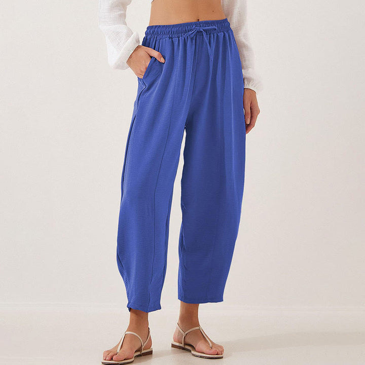 Spodnie damskie Buddha Stones Casual Plain Loose Drawstring z poliestru o długości 7/8 z kieszeniami
