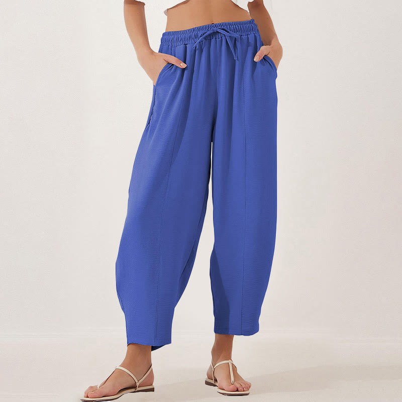 Spodnie damskie Buddha Stones Casual Plain Loose Drawstring z poliestru o długości 7/8 z kieszeniami