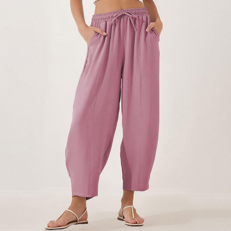 Spodnie damskie Buddha Stones Casual Plain Loose Drawstring z poliestru o długości 7/8 z kieszeniami