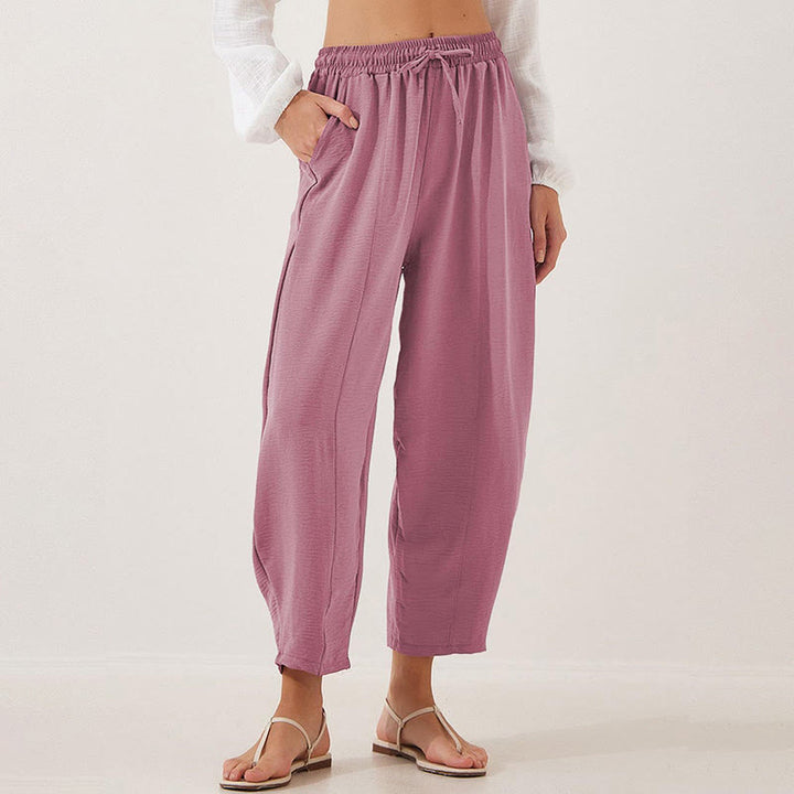 Spodnie damskie Buddha Stones Casual Plain Loose Drawstring z poliestru o długości 7/8 z kieszeniami