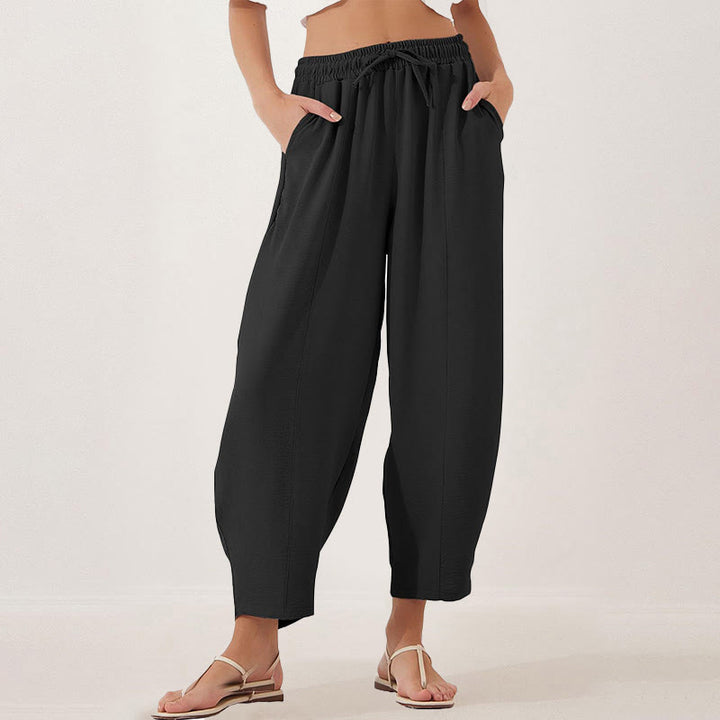 Spodnie damskie Buddha Stones Casual Plain Loose Drawstring z poliestru o długości 7/8 z kieszeniami