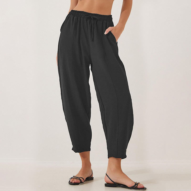 Spodnie damskie Buddha Stones Casual Plain Loose Drawstring z poliestru o długości 7/8 z kieszeniami