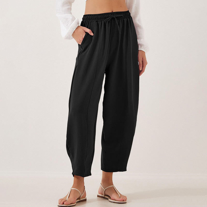 Spodnie damskie Buddha Stones Casual Plain Loose Drawstring z poliestru o długości 7/8 z kieszeniami