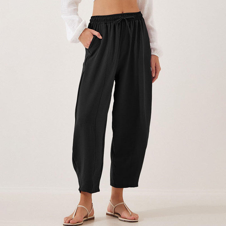Spodnie damskie Buddha Stones Casual Plain Loose Drawstring z poliestru o długości 7/8 z kieszeniami