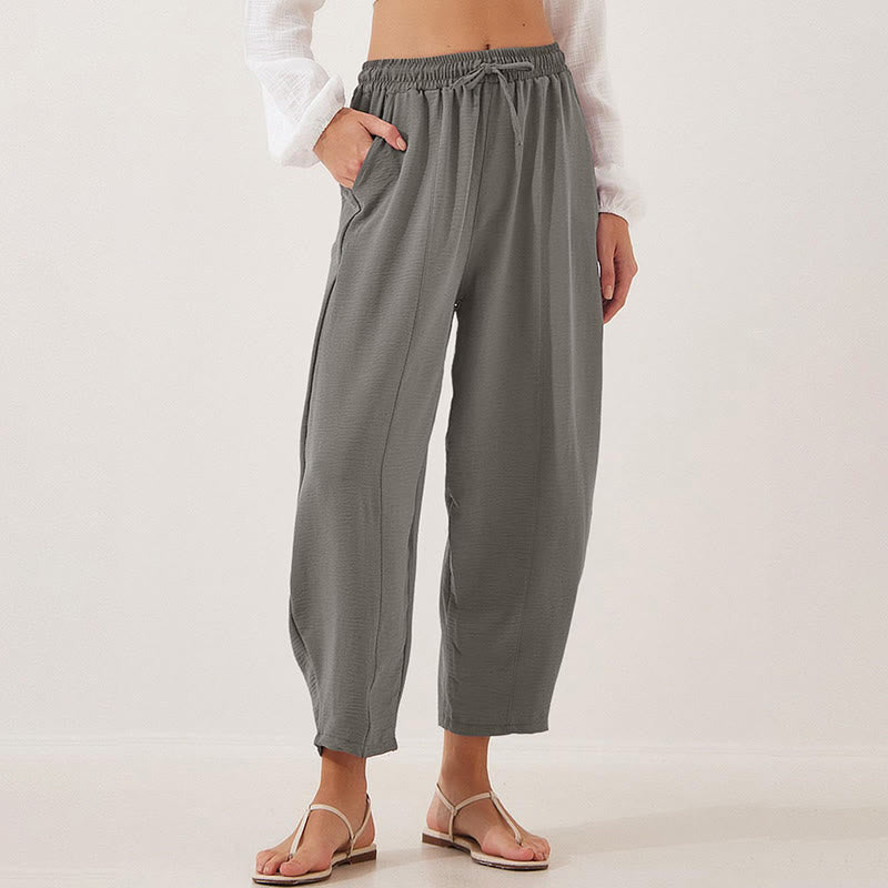 Spodnie damskie Buddha Stones Casual Plain Loose Drawstring z poliestru o długości 7/8 z kieszeniami