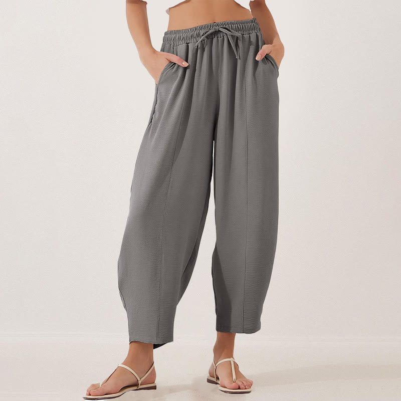 Spodnie damskie Buddha Stones Casual Plain Loose Drawstring z poliestru o długości 7/8 z kieszeniami