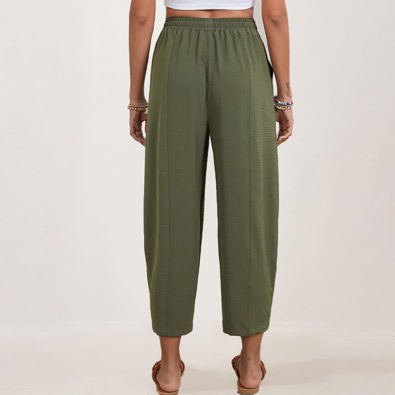 Spodnie damskie Buddha Stones Casual Plain Loose Drawstring z poliestru o długości 7/8 z kieszeniami